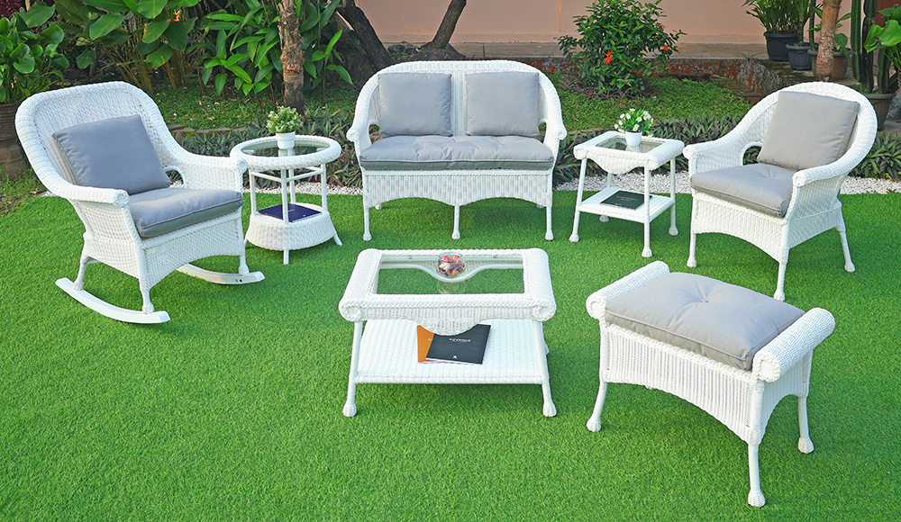 Resin Wicker Patio Furniture, Premium Indonesian White Cape May w/Seat & Back Cushions