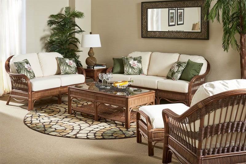 Bermuda Rattan Framed Wicker Furniture Sets, Pecan