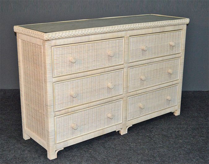 white wicker dresser 6 drawer Augusta w/Inset Glass Top blending seamlessly into a modern lifestyle. TOV Furniture Patty White Rattan