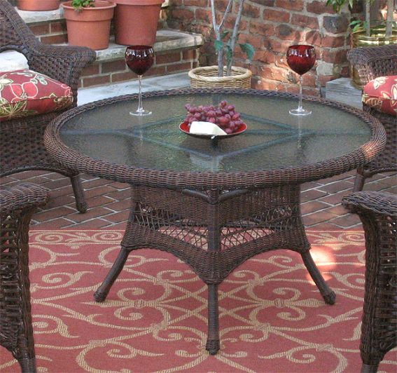 brown wicker patio table with umbrella hole 42
