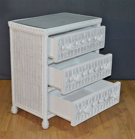 Wicker Dresser Victorian Beaded 3 Drawer w/ Inset Glass Top, White