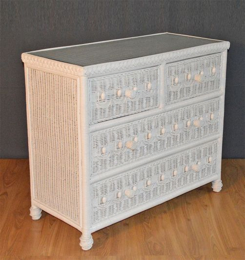 Wicker Dresser Victorian Beaded 4 Drawer w/ Inset Glass Top, White
