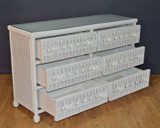 Wicker Dresser Victorian Beaded 6 Drawer w/ Inset Glass Top, White Wicker Dresser Victorian Beaded 6 Drawer w/ Inset Glass Top, White