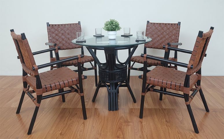 BLACK TABLE WITH BROWN LEATHER SEAT & BACKS