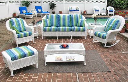 Resin Wicker Patio Set with Sofa, 2 Chairs, Otto &amp; 2 Tables Driftwood Laguna Beach Style