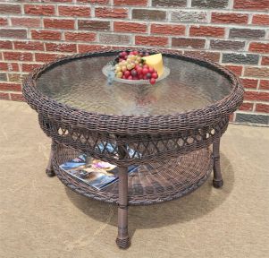 Resin Wicker Cocktail Table w/Inset Glass Top, Round Bel Aire Style  19.5&quot; high (5) Colors
