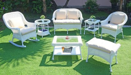 Cape May Resin Wicker 6 Piece Set w/Seat &amp; Back Cushions, Premium Indonesian Solid Synthetic Wicker , Tempered Glass Table Tops