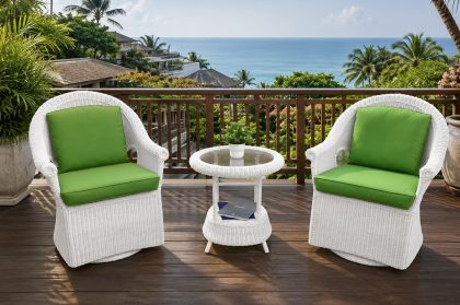 Cape May Resin Wicker 3 Piece Chat Set -(2) Swivel Glider Chairs w/ Boxed Seat &amp; Back Cushions, Premium Solid Synthetic Indonesian Wicker &amp; Tempered Glass Topped Round End Table