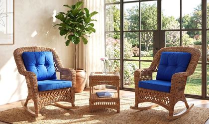 Summer Point Resin Wicker 3 Piece Chat Set (2) Rockers & Table w/Seat & Back Cushions, Premium Indonesian Solid Synthetic Wicker , Tempered Glass Table Tops