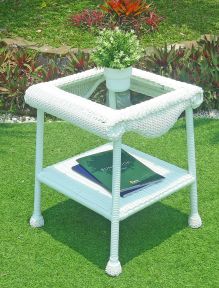 Cape May Resin Wicker Outdoor Square End Table w/Inset Tempered Glass Top, Premium Indonesian Solid Synthetic Wicker 