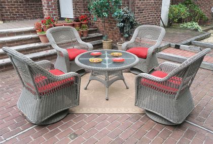 Belaire Resin Wicker Swivel Glider Conversation Set (1) 24&quot; High Table (4) Chairs