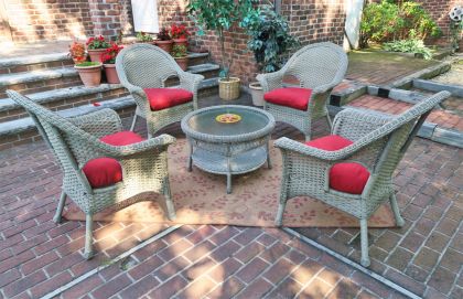 High Back Veranda Resin Wicker Conversation Set (1) 19.5&quot; High Table (4) Chairs