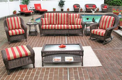 Resin Wicker Patio Set with Sofa, 2 Chairs, Otto &amp; 2 Tables Driftwood Laguna Beach Style