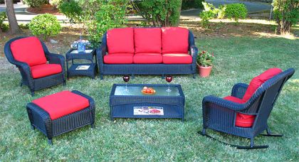 Resin Wicker Furniture w/ Sofa, Chair, Rocker, Otto &amp; 2 Tables Brown Laguna Beach Style