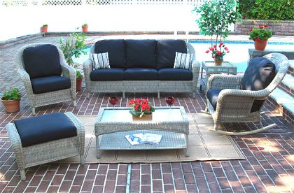 Resin Wicker Furniture w/ Sofa, Chair, Rocker, Otto &amp; 2 Tables Brown Laguna Beach Style