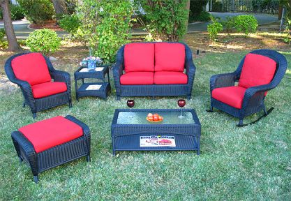 Resin Wicker Set with Love Seat, 2 Chairs, Otto &amp; 2 Tables  Laguna Beach Style