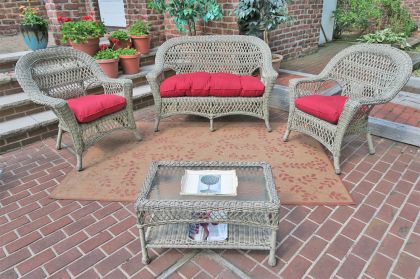 4 Piece Madrid Wicker Set with Seat Cushions (1) Love Seat (1) Cocktail Table (2) Chairs