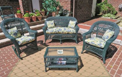 4 Piece Madrid Wicker  Set with seat Cushions (1) Love Seat (1) Cocktail Table (1)Chair (1) Rocker