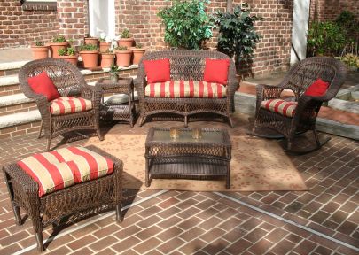 6 Piece Madrid Wicker Set with Seat Cushions (1) LS (1) Chair (1) Rocker) (1) Ottoman (1) Coffee Table (1) End Table