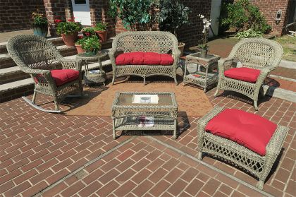 6 Piece Madrid Wicker Set with Seat Cushions (1) LS (1) Chair (1) Rocker) (1) Ottoman (1) Cocktail Table (1) End Table