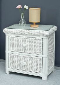 Wicker Night Stand Pavilion 2 Drawer w/ Glass Top, White