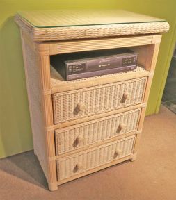 Pavilion 3-Drawer Swivel Top Wicker TV. Stand with Glass Top, White Wash