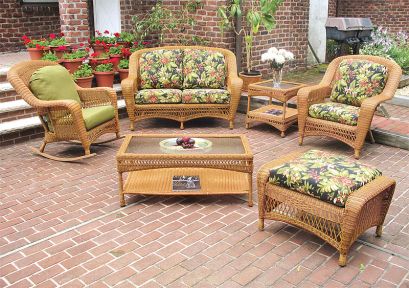 6 Piece Palm Springs Resin Wicker Furniture Set. Love Seat, Chair, Ottoman, Rocker, Cocktail &amp; End Table.