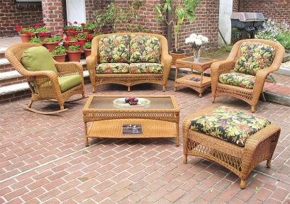 5 Piece Palm Springs Resin Wicker Furniture Set, Love Seat, Chair, Ottoman, Rocker &amp;  Cockktail Table
