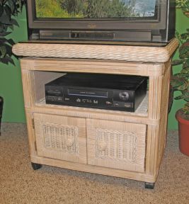 Wicker TV Stand with Glass Top, Swivel Top, Casters, Pavilion Style, White Wash