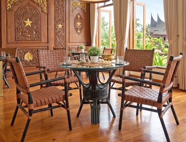BLACK TABLE WITH BROWN LEATHER SEAT & BACKS