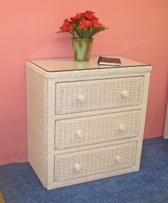  Wicker Dresser  3 Drawer Traditional with Glass Top, White