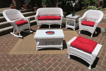 6 Piece White Vineyard Natural Wicker Set with 1-Chair 1-Rocker 