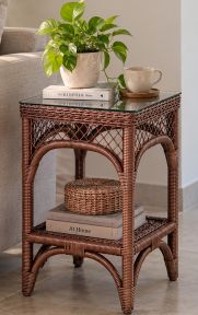Square Wicker Tower Table with Glass Top, Tea Wash