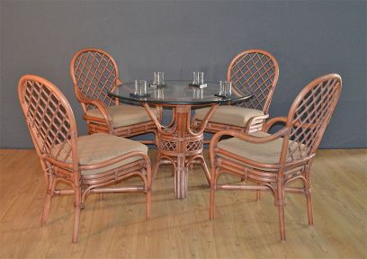 Rattan Dining Sets 42" Round Florentine Style   (2)Arm (2) Cushioned Side Chairs  (Available 3 Frame Colors)