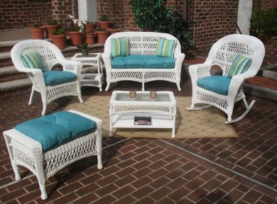 4 Piece Madrid Wicker Set with seat Cushions (1) Love Seat (1) Coffee Table (1)Chair (1) Rocker