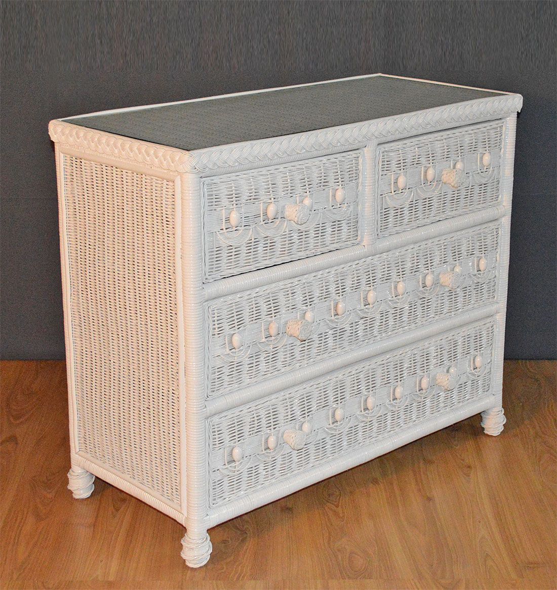 Wicker Dresser Victorian Beaded 4 Drawer w/ Inset Glass Top, White Wicker Dresser Victorian Beaded 4 Drawer w/ Inset Glass Top, White
