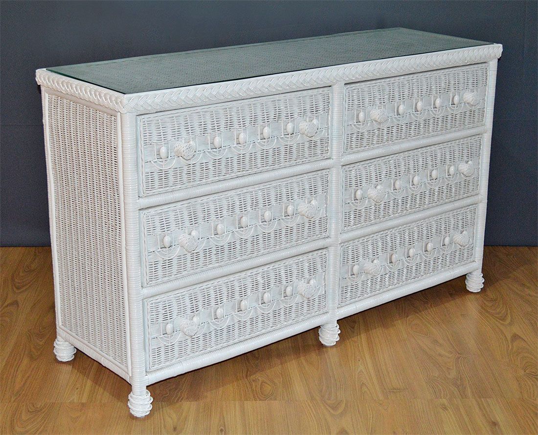 Wicker Dresser Victorian Beaded 6 Drawer w/ Inset Glass Top, White Wicker Dresser Victorian Beaded 6 Drawer w/ Inset Glass Top, White